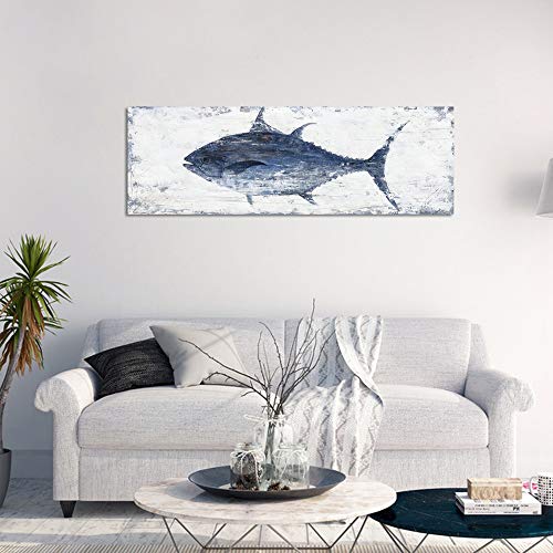 Yihui Arts Canvas Wall Art Hand Painted Abstract Tuna Fish Painting Modern Artwork Coastal Pictures in Blue and White Color for Bedroom Decoration by Yihui Arts - Image 4