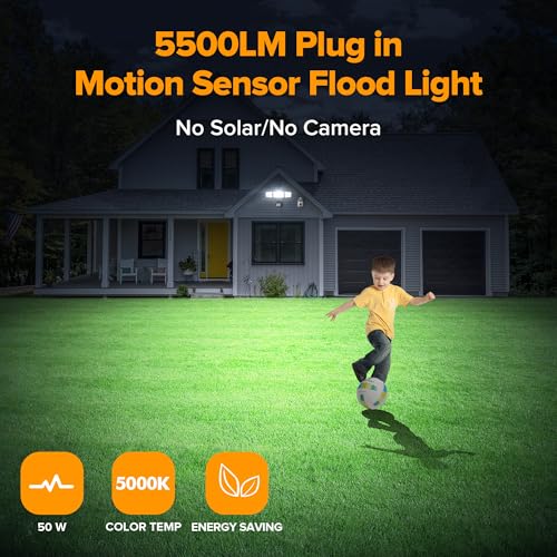 LUTEC 50W Motion Sensor Outdoor Lights, 5500 LM Plug in Flood Light Outdoor, Dusk to Dawn, IP65 Waterproof Security Lighting, 5000K Daylight, Adjustable Wall-Mounted for Garage, Yard, Porch (Black) by LUTEC - Image 2