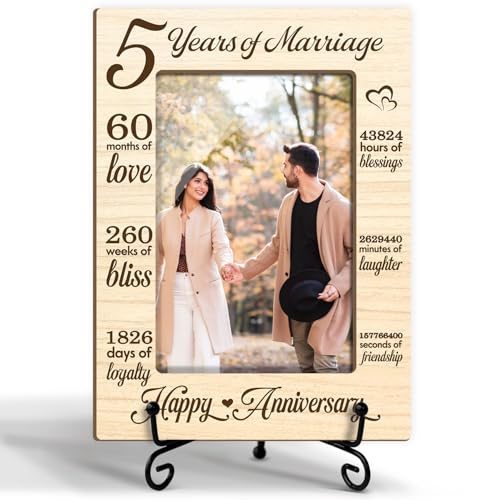 rizotus 5 Years of Marriage Picture Frame, 5th Anniversary Wedding Valentines Gifts For Husband Wife Couple, 4x6 Wooden Picture Frame Tabletop Display Home Decor -03