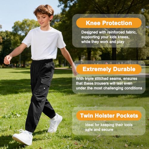 BSBUY Hosen für Jungen Cargohose Kinder Cargo Jogger Hose Stretch Elastischer Bund Freizeithose mit Taschen Jungen Hose Jungenhose Lange Hosen Cargohose Kinder Hose mit Gummizug für Schule Schwarz,140