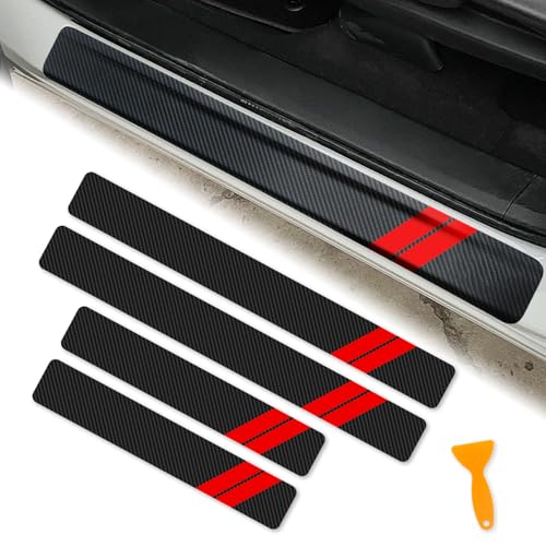 REMOCH Door Sill Protector for Dodge Charger Challenger Durango Accessories Car Door Entry Guard Sill Protector with Plastic Scraper Carbon Fiber Leather Threshold Stickers?Red, 4PCS?