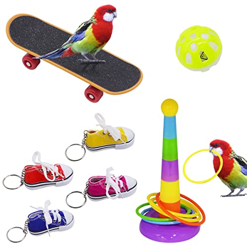 WUGU Jeux pour Oiseaux perroquets, Jeu de 7 pièces pour perroquets, Accessoires de Dressage pour perroquets Cockatie Lovebird Toys, avec Skateboards, Anneaux de Dressage, Chaussures, balles Cover