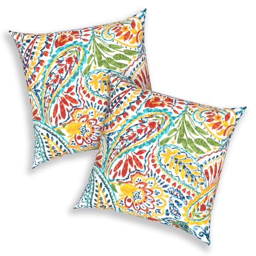 Melody Elephant 20x20 Inch Pack of 2 Patio Throw Pillow Covers ONLY, Water Repellent Cushion Cases, Square Pillowcases for Outdoor Couch Decoration, Paisley Multi