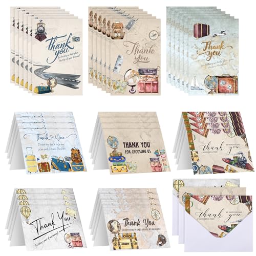 Feifeiya 48 Pack Travel Thank You Cards with Envelopes 4 x 6 Inches Notecards with Airplane, Map, Suitcases and Adventure Design Vintage Blank Notecards for Birthday Baby Shower Party