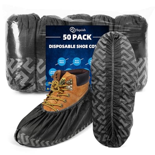 squish Boot Covers Disposable Non Slip, Black Durable Shoe Covers Disposable for Indoors, 50 Pack Anti-Slip Shoe Booties Breathable Thick Non-Woven Fabric Protector Covers Fits Up to 13 Size