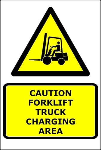 Image of Caution Forklift Truck Charging Area | 40cm x 30cm | Yellow - PVC Plastic Sign for Warehouses, Industrial Sites, Logistics, and Safety Compliance | UK-Made with Renewable Energy