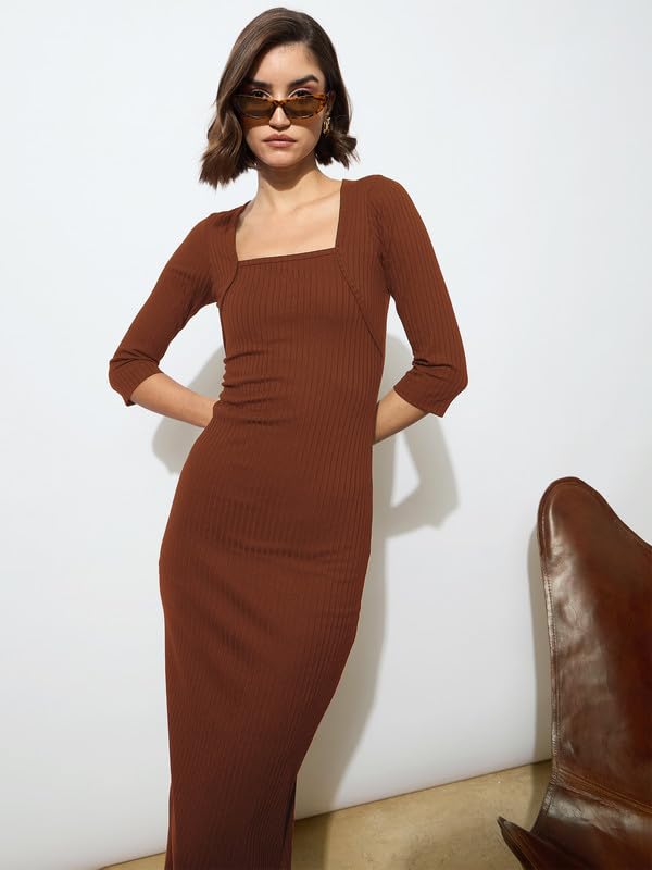 Image of barcino Black Rib Square Neck Sticth Detail Midi Dress