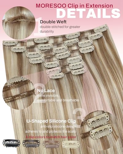 Image of Moresoo Clip in Hair Extensions Brown Blonde Highlights Full Look 16 inch | Human hair clip in extensions, caramel blonde highlights, 135g 7pcs, warm brunette dimension for party-ready styling