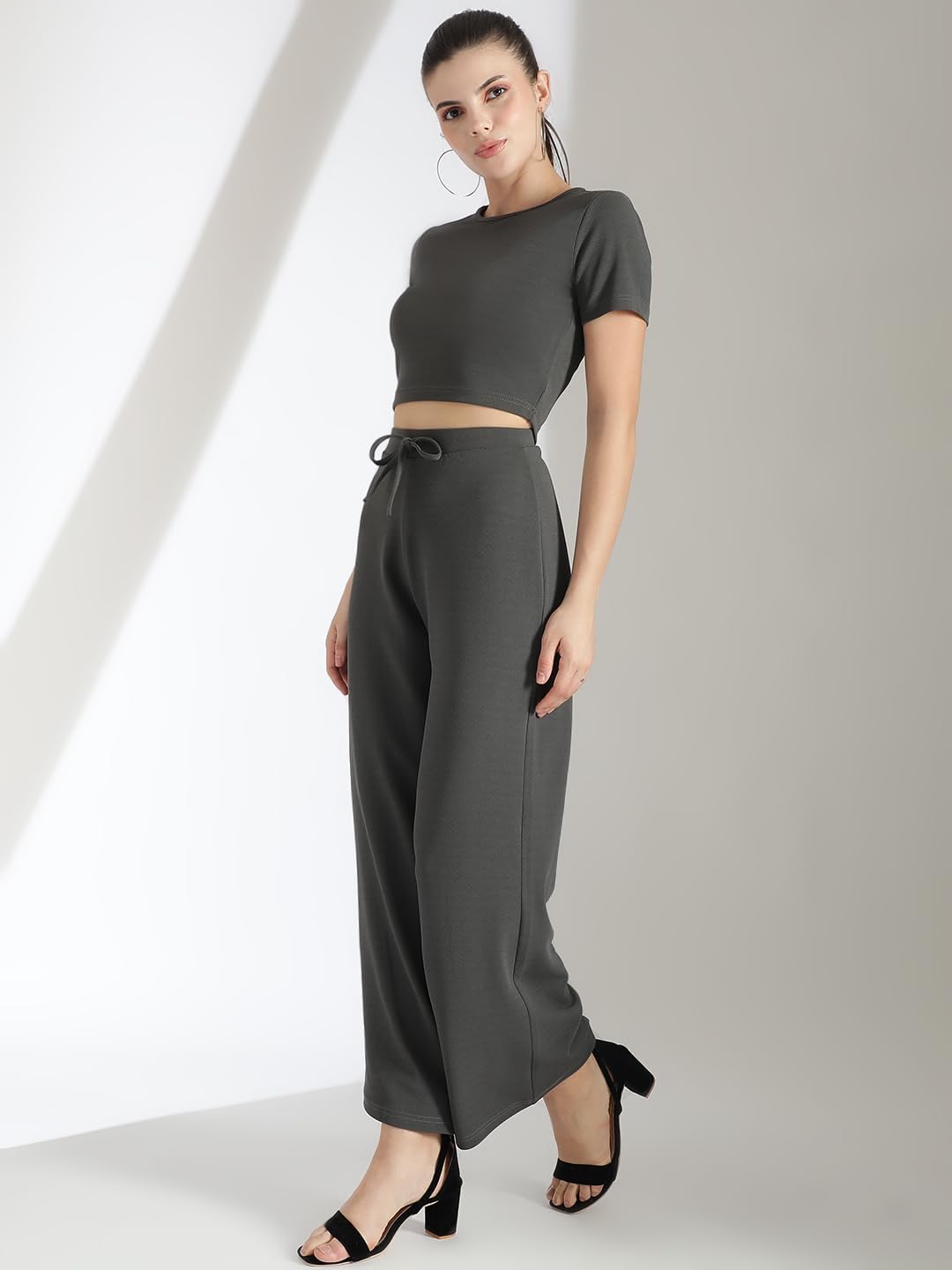 Kotty Women's Crop Top With Wide Leg Trousers(Grey,Xl)