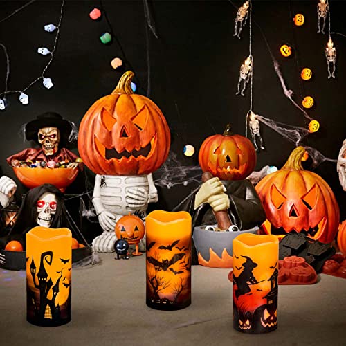 Image of 3 PCS Battery Operated Flameless Flickering Candles with 6 Hour Timer, Real Wax Electric LED Halloween Fake Pillar Candles with Castle, Witch, Bats for Indoor Kids Halloween Thanksgiving Decor