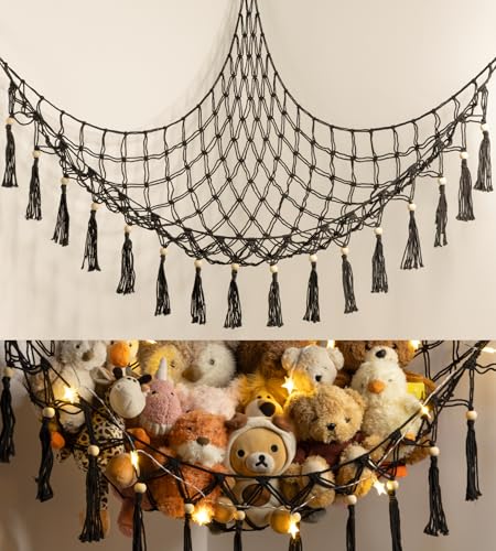 Image of Stuffed Animal Toy Storage Hammock with LED Light - Macrame Jumbo Doll Corner Stuff Animals Organizer Decorations - Cute Hanging Plushie Net Kids Baby Nursery Bedroom Room Decor