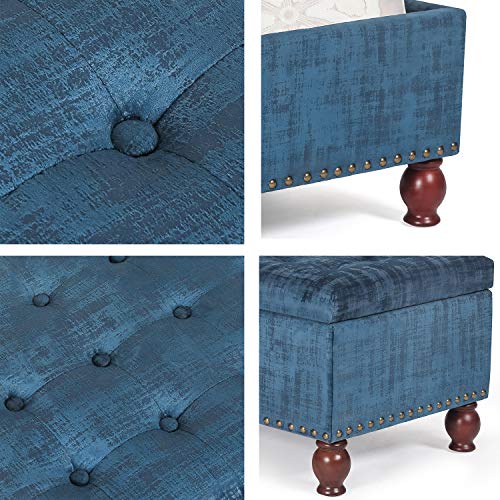 Asense Linen Fabric Rectangle Tufted Lift Top Storage Ottoman Bench, Footstool with Solid Wood Legs Upholstered Storage Bench (Dark Steelblue)