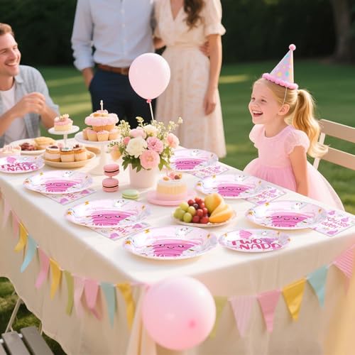 Image of Grencian 96Pcs Two Birthday Party Decorations for Girls Serves 24 | Pink Nado 2nd Birthday Plates and Napkins Tornado Two Year Old Decorations for for 2 Year Old Party Supplies Serves 24
