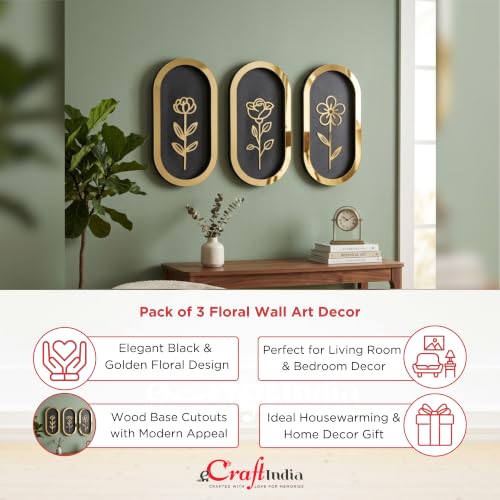 Image of eCraftIndia Pack of 3 Floral Wall Art with Black & Golden Wood Base Flower Cutouts Decor for Living Room Bedroom