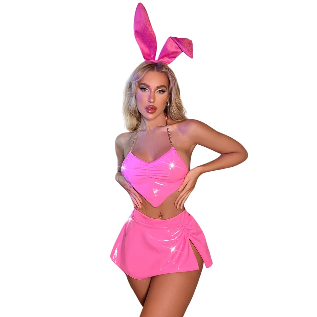 Women's Sexy Bunny Cosplay Shiny Rave Outfits Metallic Wet Look PU Leather Lingerie Sets 4Pcs Chain Bra Top G-String Mini Skirt Ear Headband Outfits Bunny Costume for Halloween Party Festival Clubwear