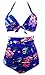 COCOSHIP Retro 50s Blue Red Floral Halter High Waist Bikini Carnival Swimsuit Bathing Suit XL(US10)