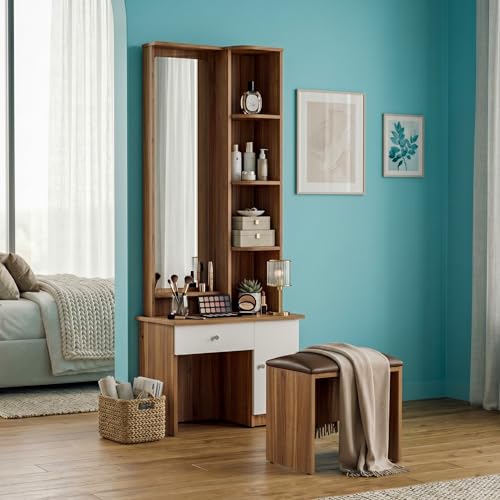Image of NEUDOT Carlos Wooden Dressing Table with Mirror and Storage | Engineering Wood | Vanity Table with Mirror | Vanity Table for Bedroom, Living Room | 1-Year Warranty, Brown
