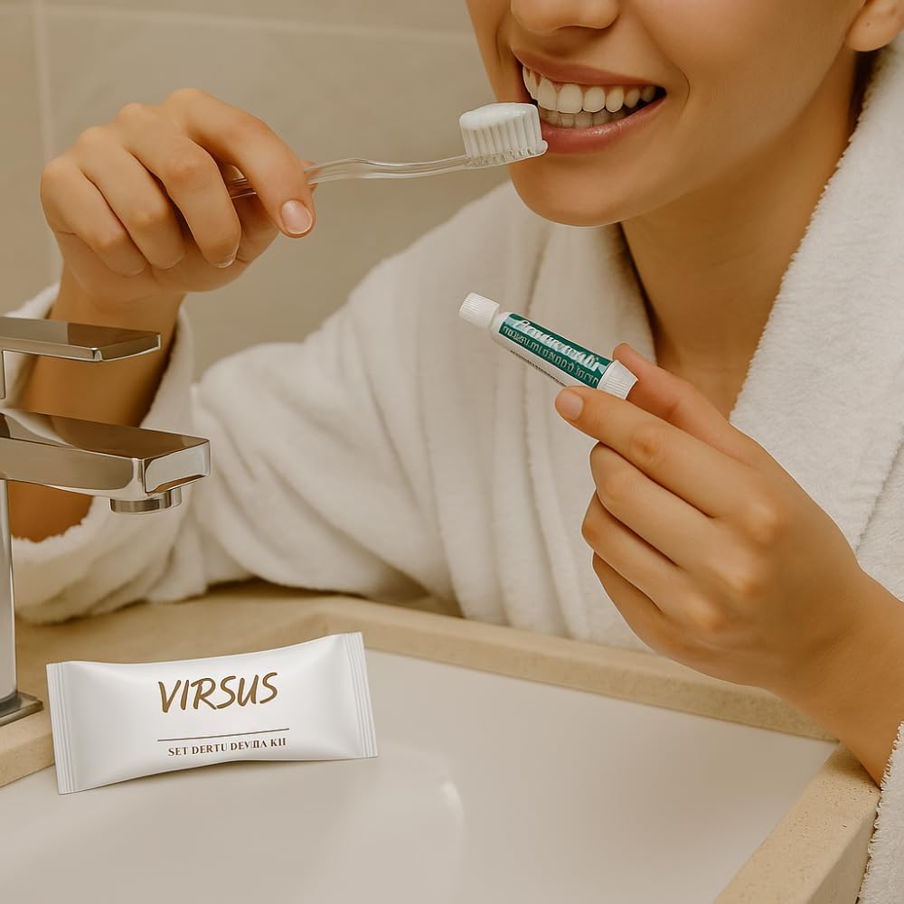 Virsus Set Igiene Orale monouso imbustato, confezione Flowpack bianca, spazzolino denti trasparente e tubetto Dentifricio da 5ml, per Albergo Hotel B&B Host, Set da Viaggio Linea cortesia (100)