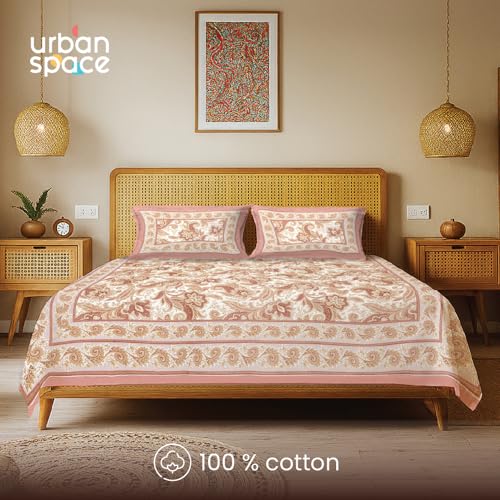 Image of Urban Space 100% Cotton Jaipuri Handblock Printed Double Bedsheet with 2 Pillow Covers, 200 TC Cotton Bedsheet (Size 90 x 100 inches, Rangmahal)