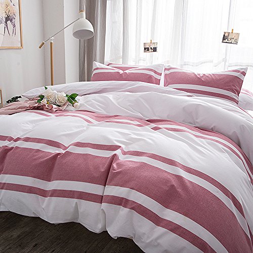 Merryfeel Cotton Duvet Cover Set,100% Cotton Yarn Dyed Stripe Bedding Set,3 Pieces (1 Duvet Cover With 2 Pillowshams) - Full/Queen Red Stripe #TOP5