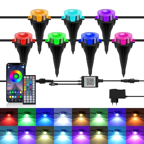 24V RGBCCT Bluetooth Lampe au Sol Spot Encastrable, Couleur RGB Changement Variation Coloré Étanche IP67 Spot Encastrable Led avec 44 touches bluetooth music controller pour patio, chemin.15M.