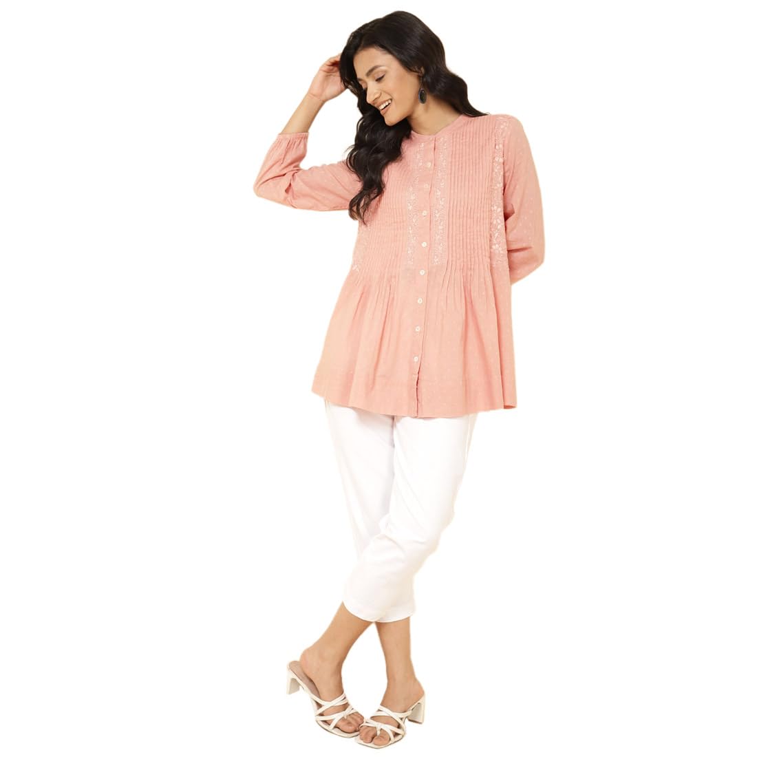 Fabindia Women's Embroidered Comfort Fit Tunic (2108839Peach_Peach