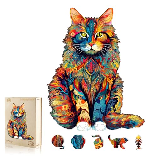 Rompecabezas de madera para adultos - Gato Maine Coon, rompecabezas jigsaw de madera | Rompecabezas únicos de animales en madera para adultos, regalos navideños para amantes de los rompecabezas (80 piezas, pequeño, 8,3" x 6,6") miniatura 1