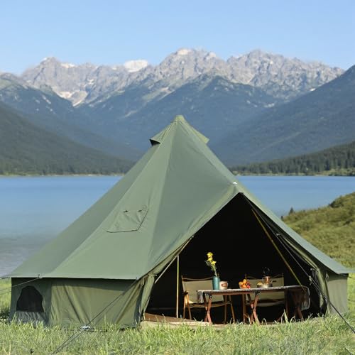 WaldZimmer Canvas Bell Tent 16.4ft Green with Stove Jack and Zipped Removable Floor, Luxury Outdoor Glamping Yurt Cotton Tent for Family Truck Car Camping Hunting Party
