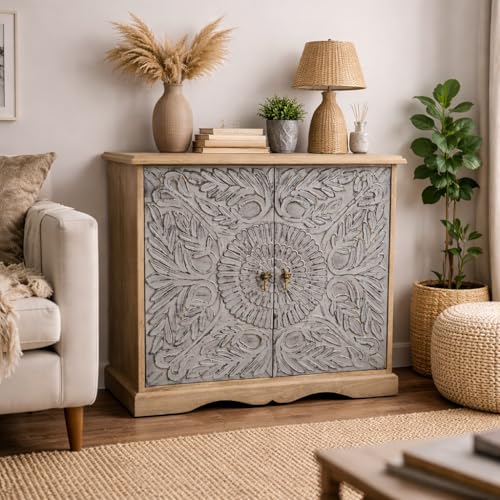 Image of The Attic Jodhpur Large Sideboard Cabinet for Kitchen and Living Room Storage in Solid Wood with Natural and Grey Matte Finish