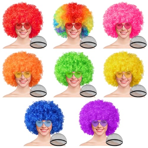 PLULON 8 Pack Colored Afro Wig with Heart Sunglasses Hair Cap for Women Men, Funny Curly Afro Wigs Disco Hippie Party Hairpieces for Halloween Costume Cosplay Party Carnival Music Festival Decor