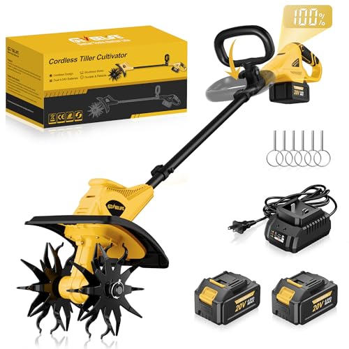 GEVEELIFE 20V Cordless Tiller Cultivator, 2×4.0Ah Battery Powered Rototiller, 12