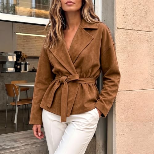 Rianclud Womens Faux Suede Cropped Jackets Lapel Tie Waist Short Coat - image 5