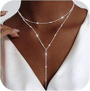 Lariat Silver Necklace for Women, Dainty Long Necklace Silver Y-Shaped Pendant Necklaces Trendy Beaded Chain Drop Necklaces Jewelry for Women Gifts