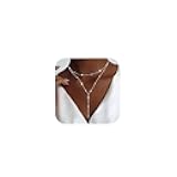 Lariat Silver Necklace for Women, Dainty Long Necklace Silver Y-Shaped Pendant Necklaces Trendy Beaded Chain Drop Necklaces Jewelry for Women Gifts