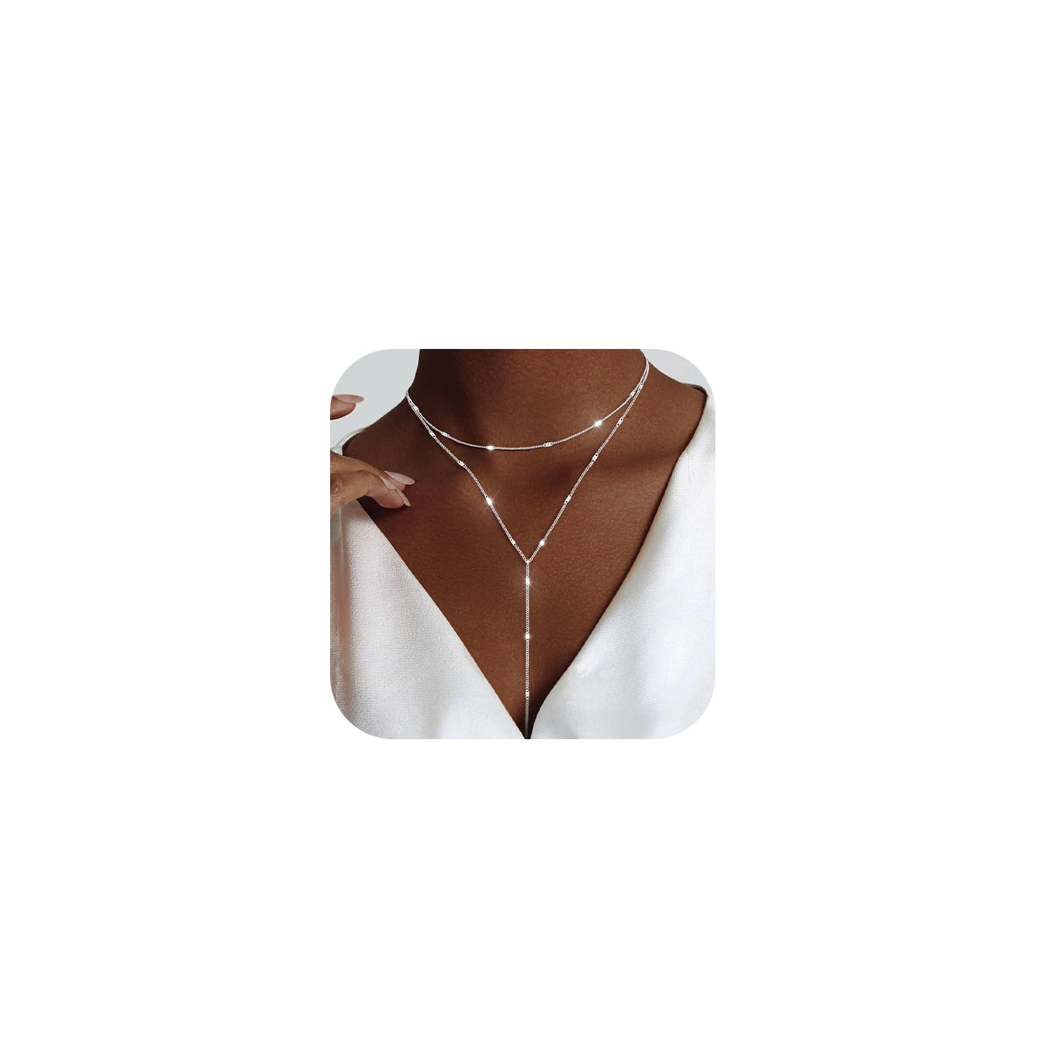 luxval lariat silver necklace for women dainty long necklace silver y-shaped pendant necklaces trendy beaded chain drop necklaces jewelry for women gifts