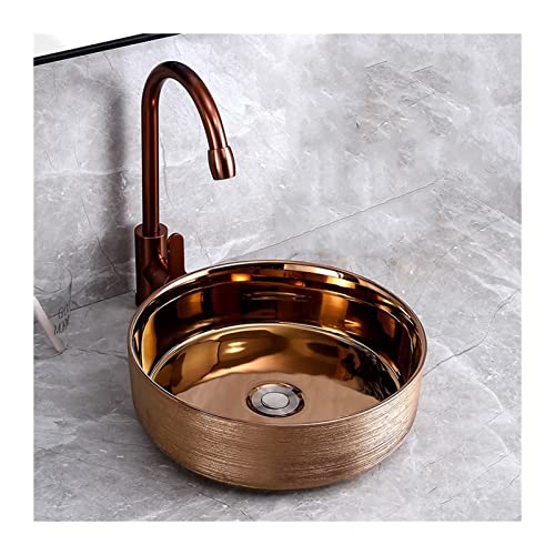 Moderno lavabo redondo de cerámica de oro rosa cepillado, tamaño pequeño, lavabo para encimera de baño de 14 x 14 pulgadas