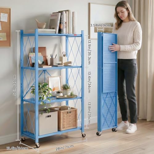 Image of DEANIC 4 Tier Foldable Storage Shelves with Wheels, Large Capacity Shelving Unit, Freestanding Metal Wire Shelf Rack, No Assembly Organizer Rack for Garage Kitchen, Basement(Blue)