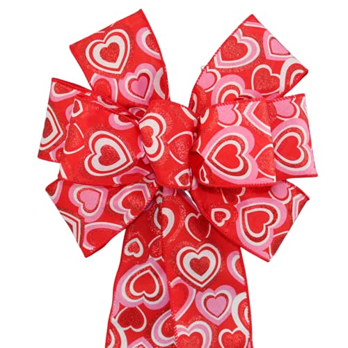 Pink Red Stacked Sparkle Hearts Valentine's Day Bow (8 inch bow)