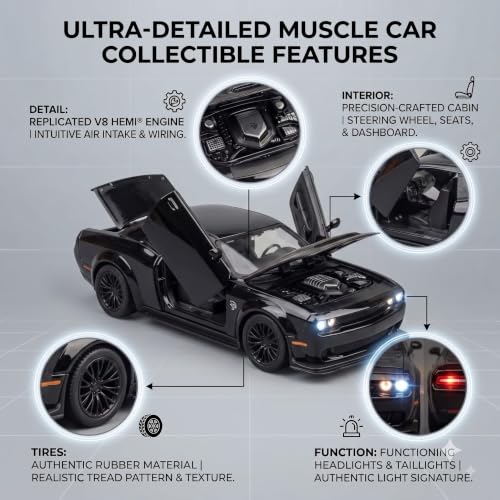 Image of 1:32 Scale Dodge Challenger Hellcat Die-Cast Metal Car Toy with Light & Sound, Pull-Back Action & Openable Doors