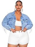 WDIRARA Women's Plus Size Fringe Trim Raw Hem Long Sleeve Button Front Short Denim Jacket Light Wash 4XL