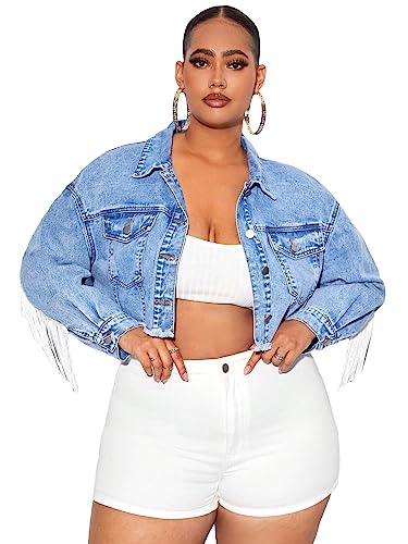 WDIRARA Women's Plus Size Fringe Trim Raw Hem Long Sleeve Button Front Short Denim Jacket