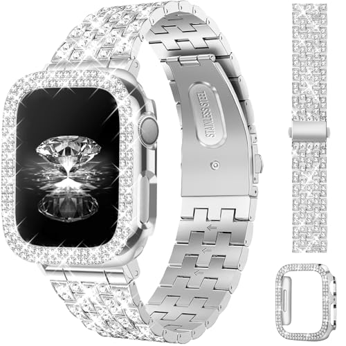 JR.DM Diamond Bands with Bling Case Women Compatible with Apple Watch 46mm Dressy Luxury Rhinestone Jewelry Metal Bracelet Wristband with Protector Cover for iWatch Series 10 Silver