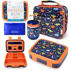 kinsho kids Bento Lunch Box Set with Thermo, Bag & Ice Pack, Blue Dinosaur | 5 Compartments, Removable Tray, Small Meal Snack Container for Boys Toddlers, Daycare Pre-School Kindergarten, Steel Food Jar
