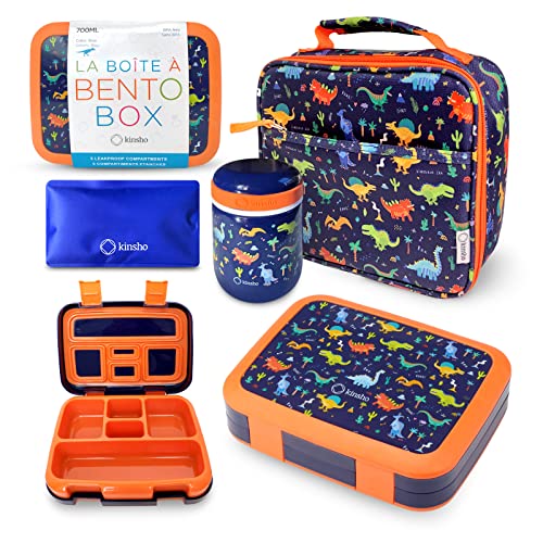 Image of Bento Box with Thermal, Stainless Steel Food Jar for Hot-Cold Food or Soup, Insulated Lunch Bag and Ice Pack Set for Kids or Toddlers. Ages 3 to 7, Blue Dinosaur