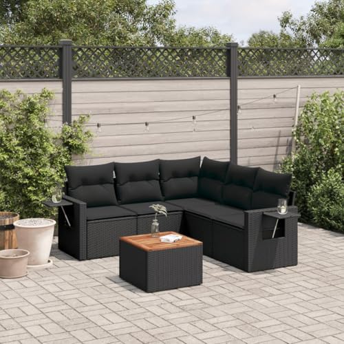 Homgoday Set de sofás de jardín 6 Piezas y Cojines ratán sintético Negro Sofá de jardín Esquina + Mesa + 2X centrales Muebles de jardín Exterior Rattan Garden Furniture Set de Jardin Negro