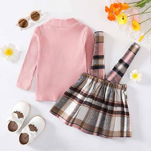 Madjtlqy Baby Girls Fall Winter Outfit Sets Ribbed Long Sleeve Pullover Tops + Plaid Suspender Skirt 12 18 24M 2T 3T 4T 5T3