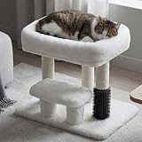 Heybly Cat Scratching Post, Small Cat Tree Tower with 3 Full Sisal Posts, Removable Plush Bed, Grooming Brush, Stable & Space-Saving Cat Furniture with Gentle Step for Indoor Cats, White HSP001SWH
