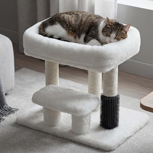Heybly Cat Scratching Post Small Cat Tree Tower with 3 Full Sisal Posts Removable Plush Bed Grooming Brush Stable & Space-Saving Cat Furniture with Gentle Step for Indoor Cats White HSP001SWH