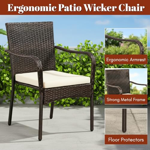 Image of DEVOKO Outdoor Wicker 3-Piece Patio Bistro Furniture Set with Wooden Top Coffee Table All Weather Rust Proof Metal Frame for Balcony, Garden,Terrace(Dark Brown & Cream)