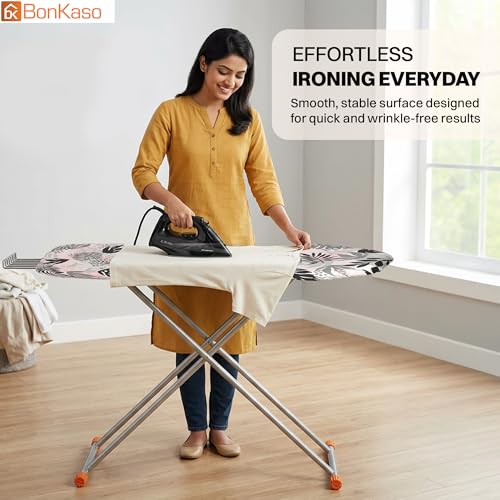 Image of BonKaso Premium Foldable Ironing Board with Adjustable Height & Heat Resistant Iron Rest | Ergonomic Ironing Table with Anti-Skid Legs, Fabric Cover & Foam Padding for Home - Pink